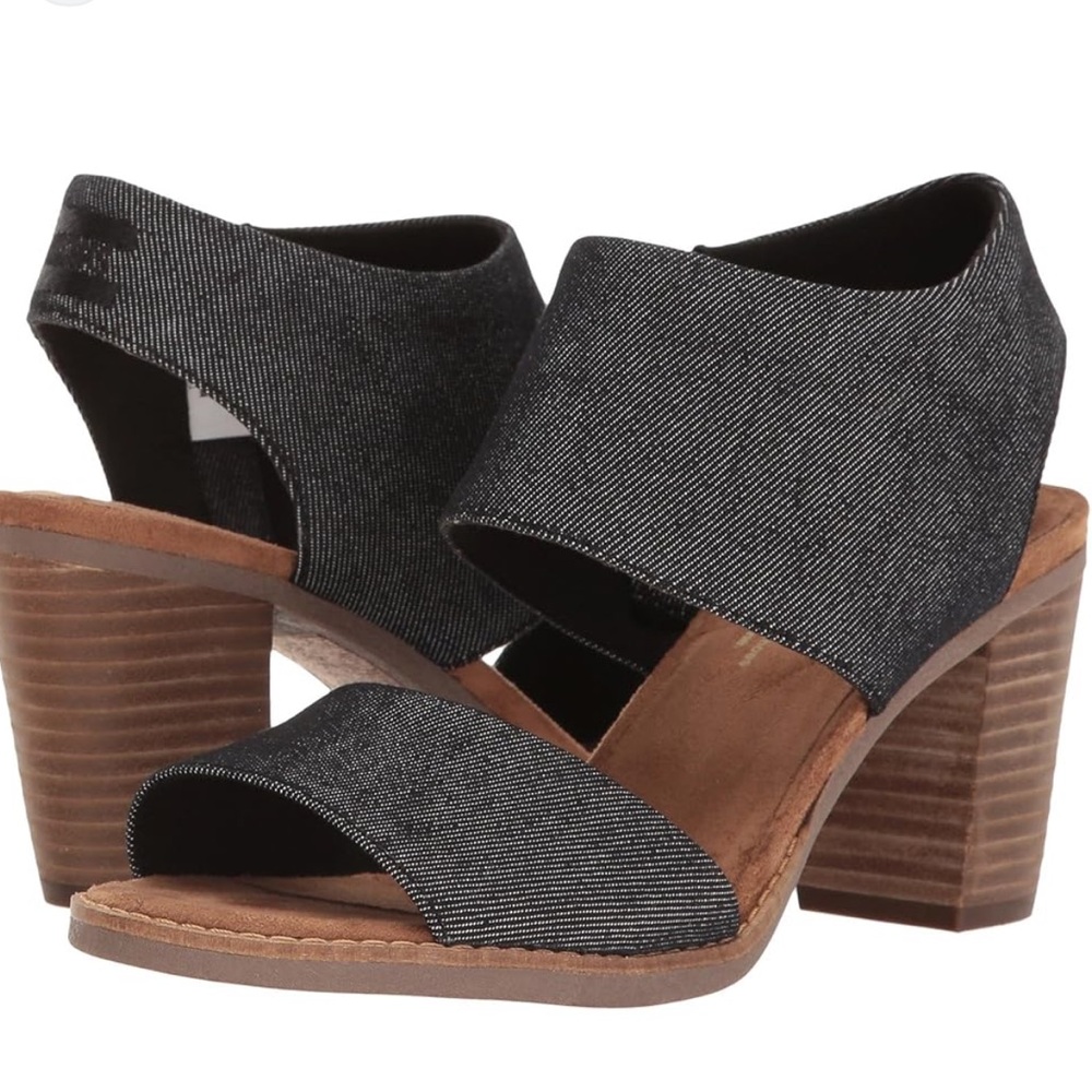 TOMS Majorca Women’s Block Heel Cut Out Sandals Size 5.5 Black Denim EUC